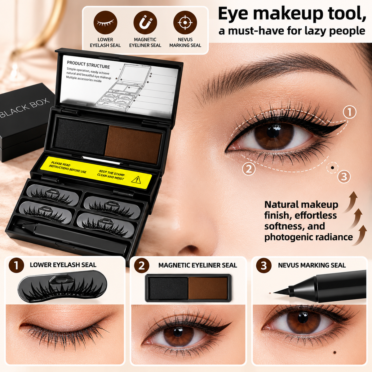 3-in-1 Eye Stamp Kit，Lower Lash & Eyeliner & Mole Mark, Black & Brown Ink