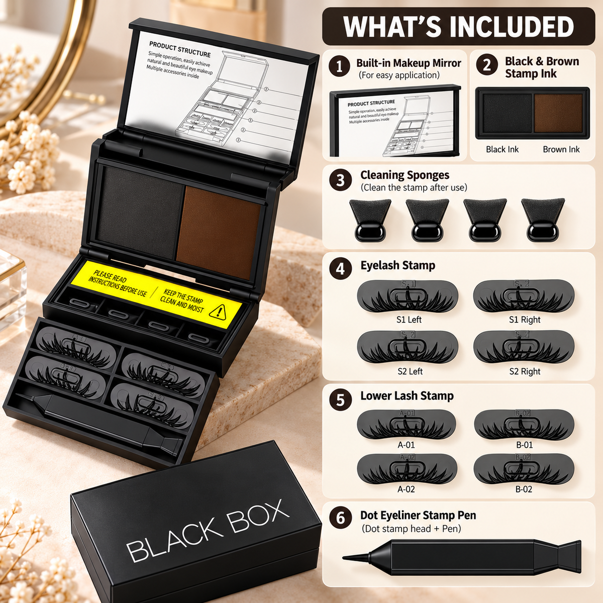3-in-1 Eye Stamp Kit，Lower Lash & Eyeliner & Mole Mark, Black & Brown Ink